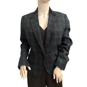 Talbots Green and Navy Bue Plaid Velvet Trim Wool Blend Blazer Size 10